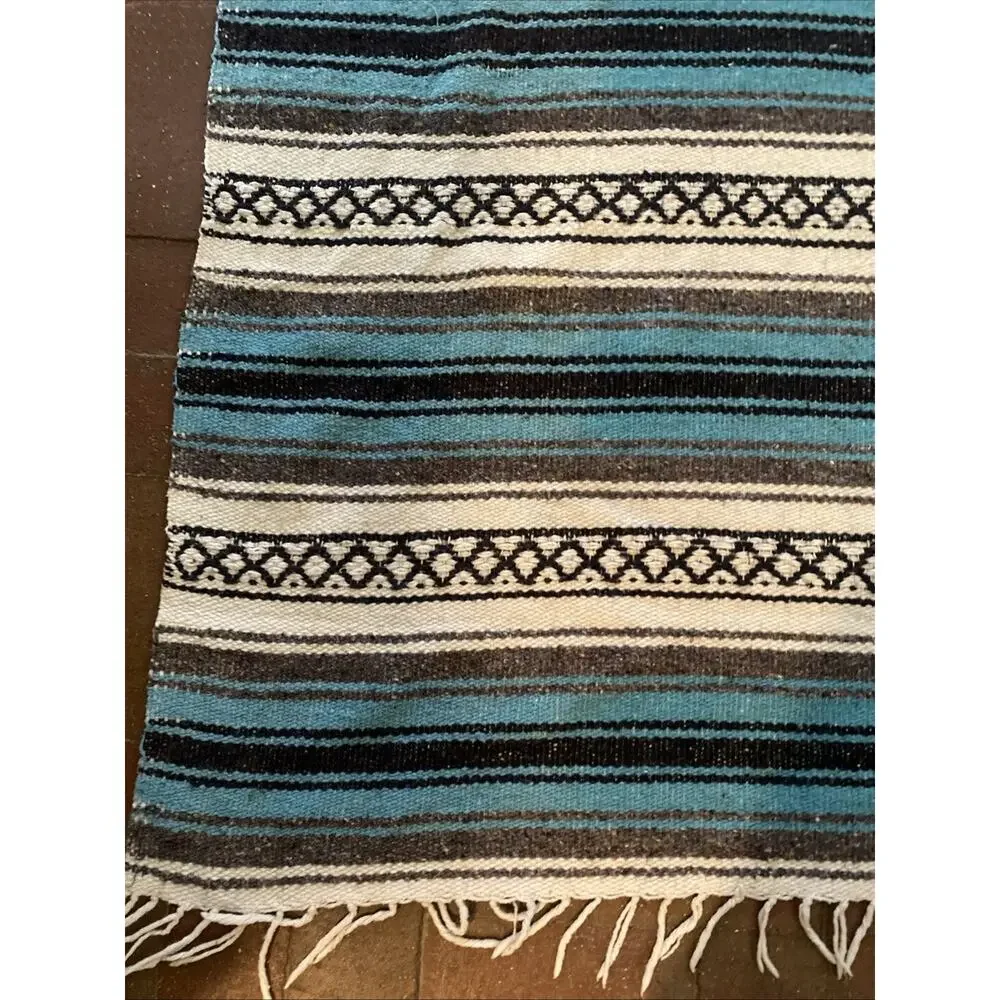 Turquoise Blue White Black Gray Western Blanket Falsa Fringed Throw 75” X 52”